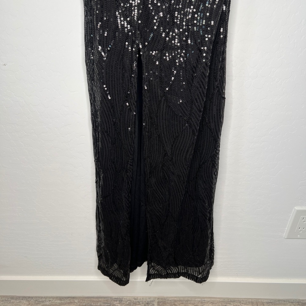 Violet Weekend Gown Juniors 1/2 Black One Shoulder Sequin 3D Floral Slit 65741J - Picture 5 of 13